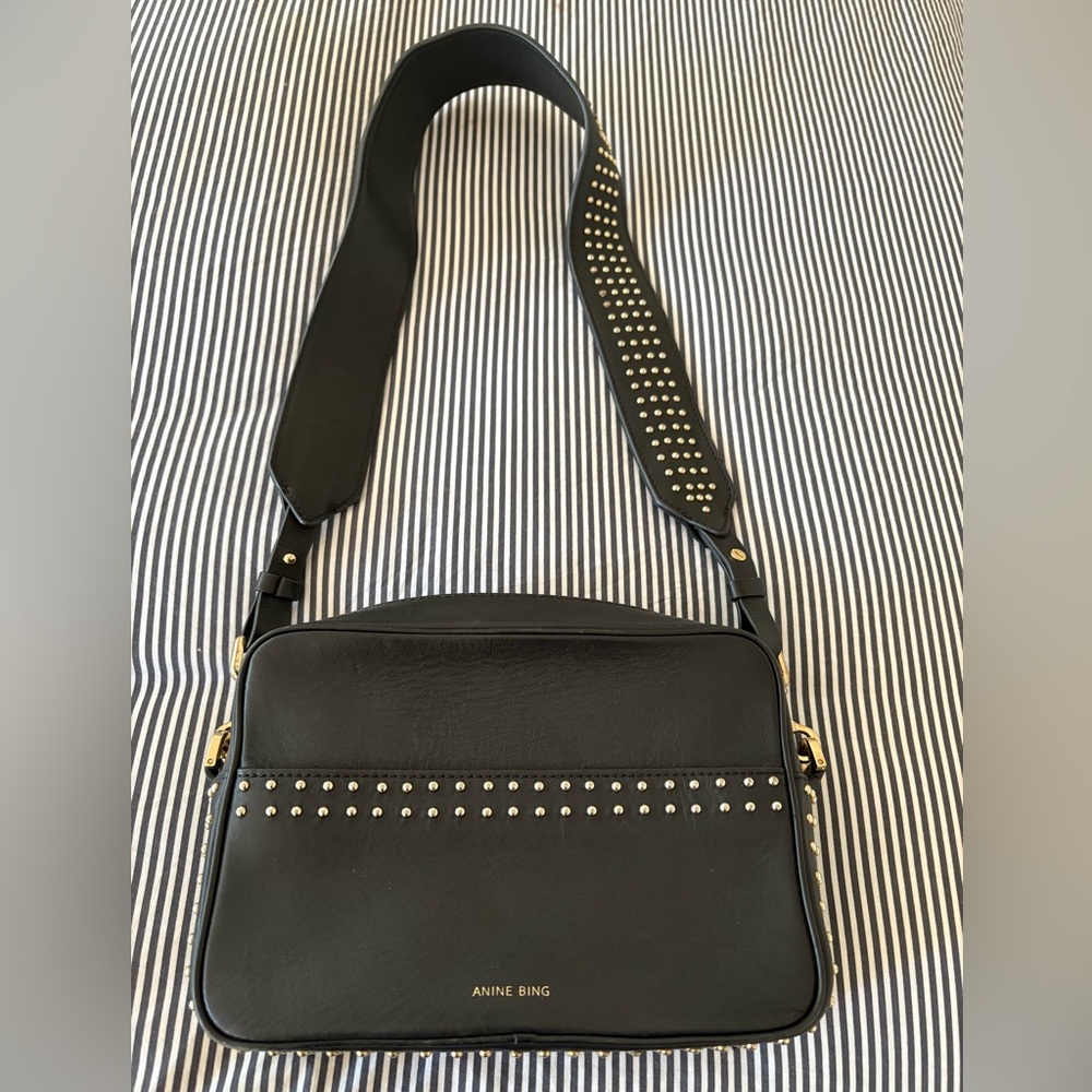 ANINE BING Black Leather Shoulder Bag with Gold Studs